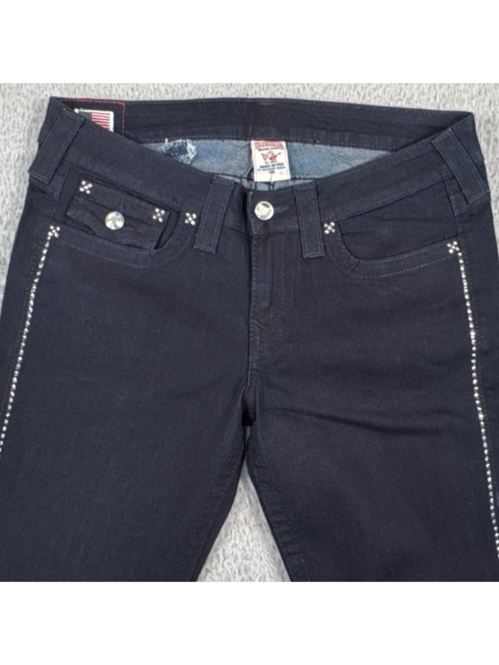 True Religion Disco Billy Bootcut Crystal Trim Jeans 30 Black Dark Wash Stretch - Picture 9 of 16